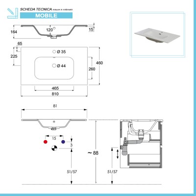 Scheda tecnica lavabo Mobile bagno a terra 80 cm bianco e rovere con 2 ante soft-close Kleo