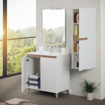 Ante aperte Mobile bagno a terra 80 cm bianco e rovere con 2 ante soft-close Kleo