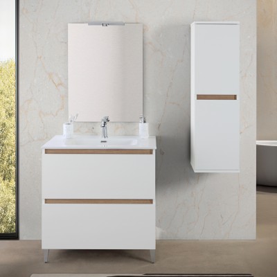 Mobile bagno a terra 80 cm bianco e rovere con cassetti soft-close Kleo