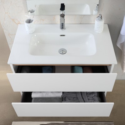 Frontale Mobile bagno a terra 80 cm bianco e rovere con cassetti soft-close Kleo