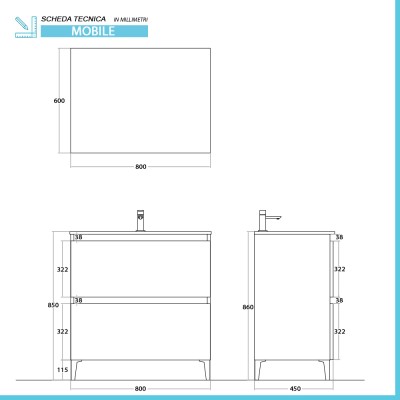 Scheda tecnica Mobile bagno a terra 80 cm bianco e rovere con cassetti soft-close Kleo