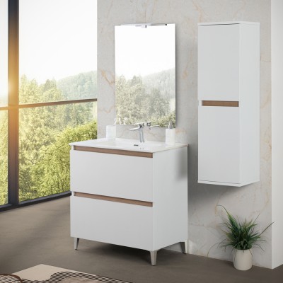 Cassetti chiusi Mobile bagno a terra 80 cm bianco e rovere con cassetti soft-close Kleo