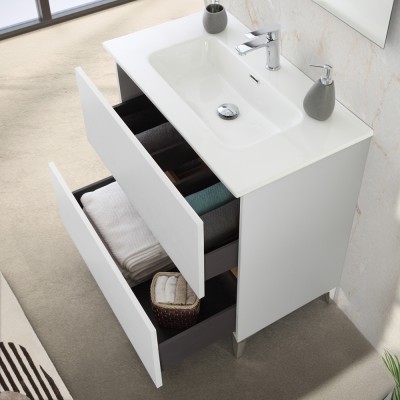 Cassetti aperti Mobile bagno a terra 80 cm bianco e rovere con cassetti soft-close Kleo