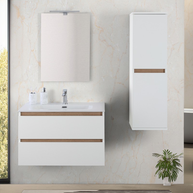 Mobile bagno sospeso 80 cm bianco e rovere con cassetti soft-close Kleo