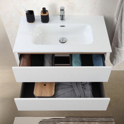 Frontale Mobile bagno sospeso 80 cm bianco e rovere con cassetti soft-close Kleo