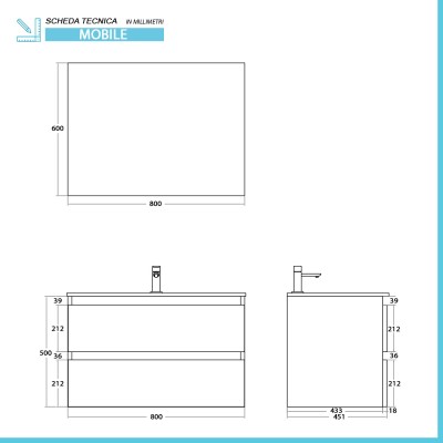 Scheda tecnica Mobile bagno sospeso 80 cm bianco e rovere con cassetti soft-close Kleo