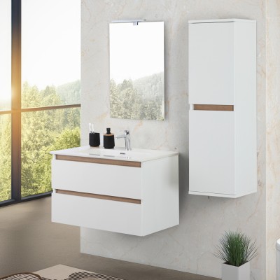 Cassetti chiusi Mobile bagno sospeso 80 cm bianco e rovere con cassetti soft-close Kleo