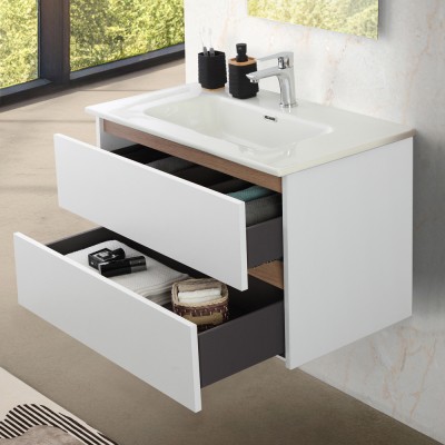 Cassetti aperti Mobile bagno sospeso 80 cm bianco e rovere con cassetti soft-close Kleo