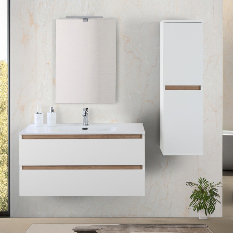 Mobile bagno sospeso 100 cm bianco e rovere con cassetti soft-close Kleo