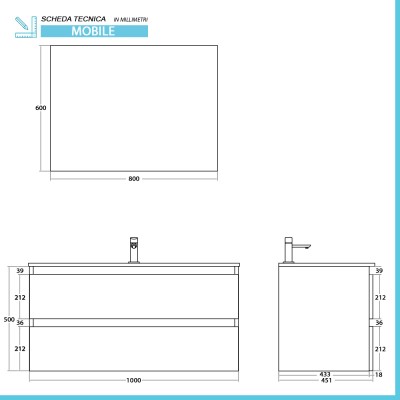 Scheda tecnica Mobile bagno sospeso 100 cm bianco e rovere con cassetti soft-close Kleo