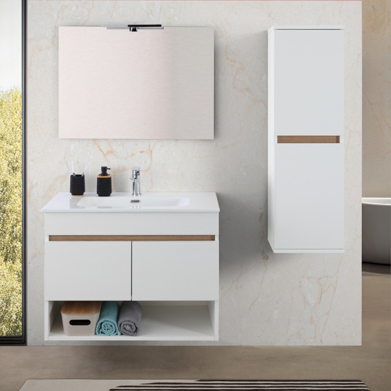 Mobile bagno sospeso 80 cm bianco e rovere con ante e vano a giorno Kleo