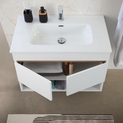 Frontale Mobile bagno sospeso 80 cm bianco e rovere con ante e vano a giorno Kleo