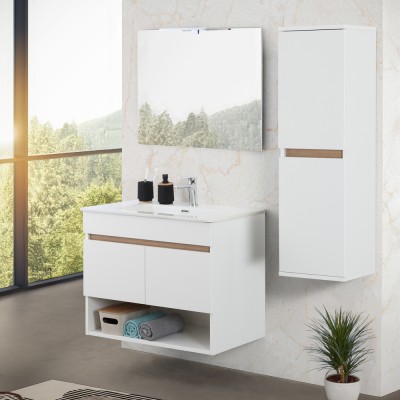 Ante chiuse Mobile bagno sospeso 80 cm bianco e rovere con ante e vano a giorno Kleo