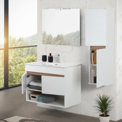 Ante aperte Mobile bagno sospeso 80 cm bianco e rovere con ante e vano a giorno Kleo