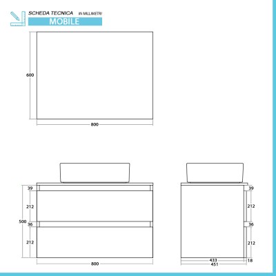 Scheda tecnica Mobile bagno sospeso 80 cm bianco e rovere con cassetti soft-close Kleo