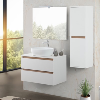 Cassetti chiusi Mobile bagno sospeso 80 cm bianco e rovere con cassetti soft-close Kleo