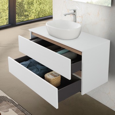 Cassetti aperti Mobile bagno sospeso 80 cm bianco e rovere con cassetti soft-close Kleo