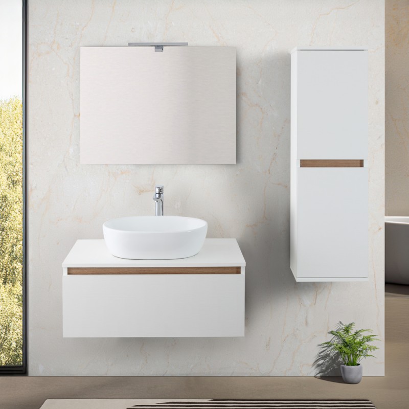 Mobile bagno sospeso 80 cm bianco e rovere con lavabo e specchio Kleo