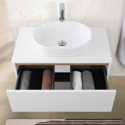 Frontale Mobile bagno sospeso 80 cm bianco e rovere con lavabo e specchio Kleo