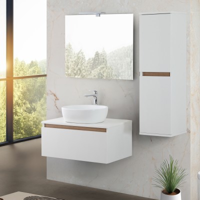 Cassetto chiuso Mobile bagno sospeso 80 cm bianco e rovere con lavabo e specchio Kleo