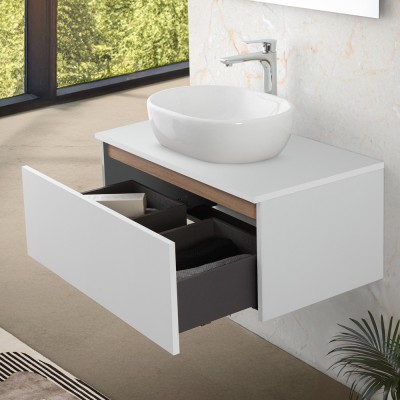 Cassetto aperto Mobile bagno sospeso 80 cm bianco e rovere con lavabo e specchio Kleo