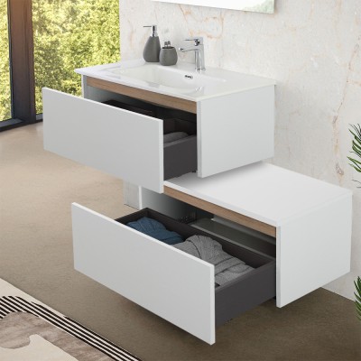 Frontale Cassettone bagno sospeso 80 cm soft-close bianco e rovere africa Kleo