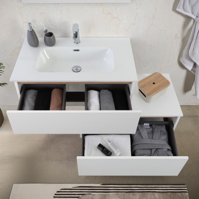 Mobile con cassettone bagno sospeso aperto 80 cm soft-close bianco e rovere africa Kleo