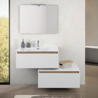 Mobile bagno sospeso 80 cm bianco e rovere con cassetto sfalsato Kleo