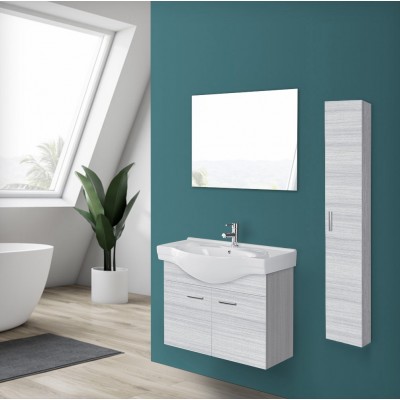 Mobile sospeso bagno 81 cm grigio con 2 ante completo di lavandino e specchio