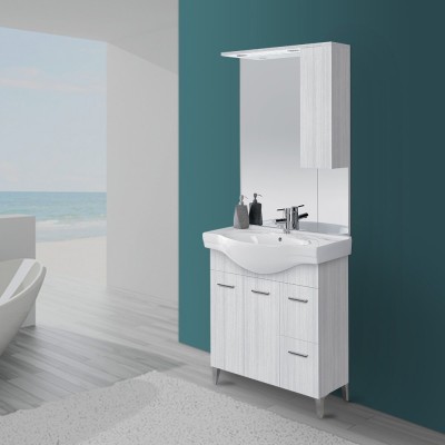 Mobile Bagno in legno grigio L. 82.5 cm con due ante, due cassetti e specchiera con pensile e luci