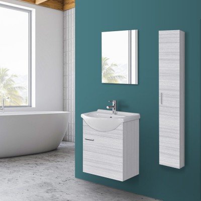 Mobiletto per bagno 56x45 cm 1 anta reversibile grigio con lavabo in ceramica e specchio da parete