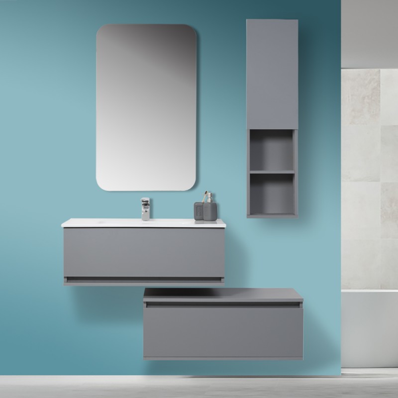 Mobile bagno sospeso grigio pastello 90x47 cm con specchio e ceramica inclusi