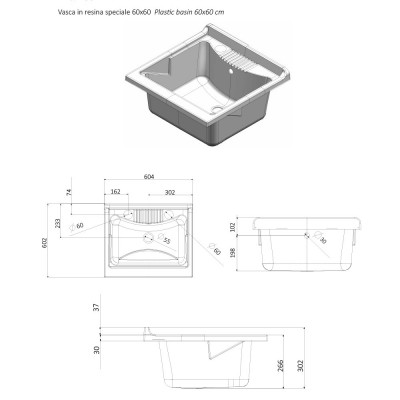 Scheda tecnica vaschetta lavatoio 60x60 cm in resina bianca ideale per interni ed esterni