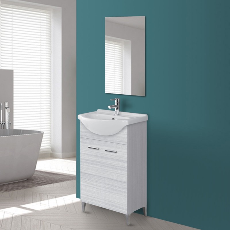 Mobile bagno a terra 55 cm grigio completo di lavabo e specchio Desya