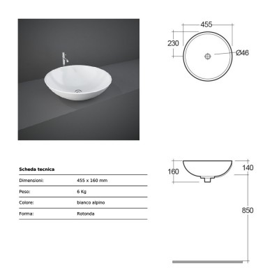 Lavabo da appoggio Tondo modello Diana bianco Rak Ceramiche