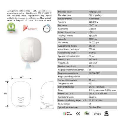 Caratteristiche asciugamani elettrico bianco con fotocellula 1100W