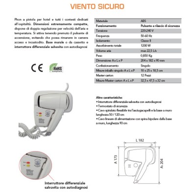 Scheda tecnica phon asciugacapelli a pistola da parete 1200W bianco