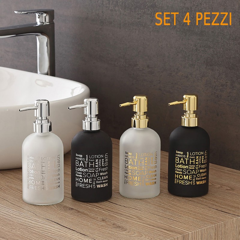 Accessori Bagno Color Oro.Set 4 Dispenser Con Dosasapone Oro O Argento E Vetro In Bianco O Nero