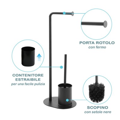 Piantana porta rotolo e porta scopino nera opaca con base ovale