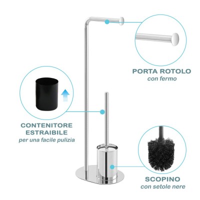 Piantana porta rotolo e porta scopino cromo lucido con base ovale