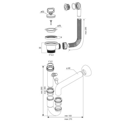 Kit scarico per lavatoio con sifone e piletta scheda tecnica