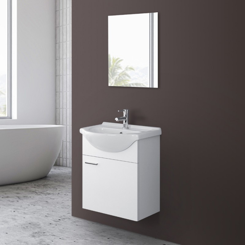 Mobile bagno sospeso 55 cm bianco completo di lavabo e specchio Desya