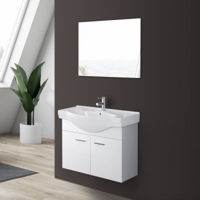 Mobile bagno sospeso 81 cm bianco lucido 2 ante con ceramica e specchio