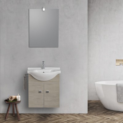 Mobiletto arredo bagno sospeso 55 cm rovere grigio completo di lavabo e specchio