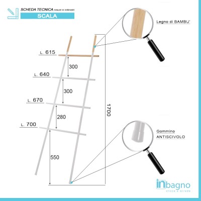 scala portasciugamani bianca con inserti in legno di bamboo