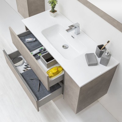 Mobile bagno sospeso 110 cm effetto pietra beige completo di lavabo e specchio