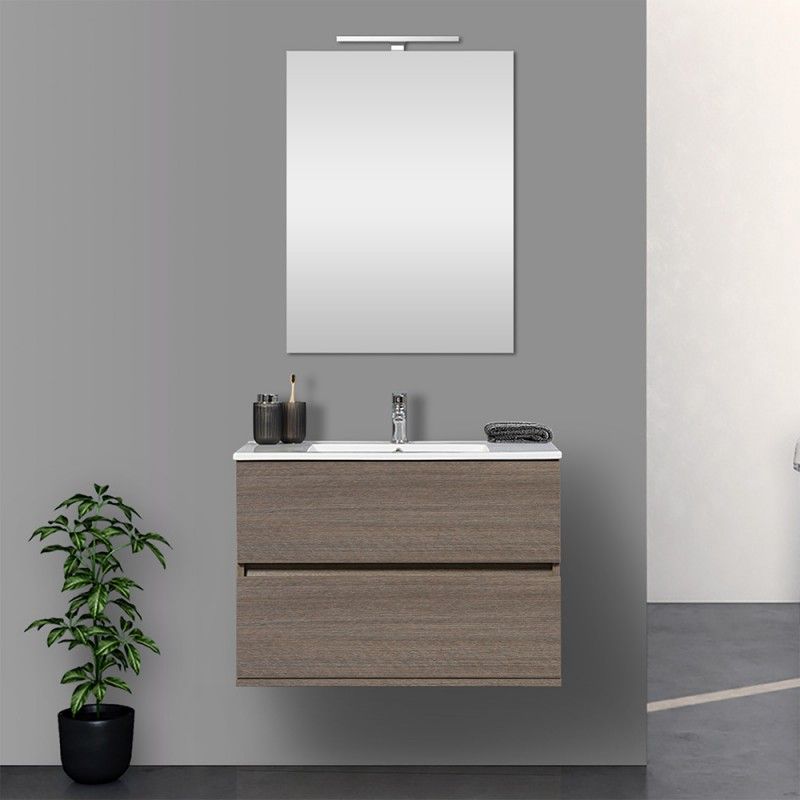 Mobile Bagno Sospeso 80 Cm.Mobile Bagno Sospeso 2 Cassetti 80 Cm Rovere Scuro Con Lampada