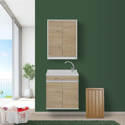 Lavatoio da interno sospeso 60 cm rovere completo di vasca, tavoletta e kit sifone