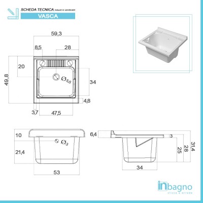 Scheda tecnica vasca lavatoio in resina 60x50 cm