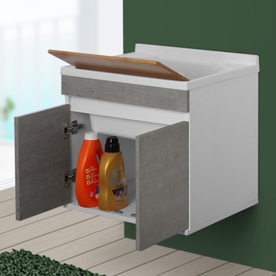 Mobile lavanderia con lavabo sospeso 60 cm cemento con kit sifone e asse strofinatoio in legno